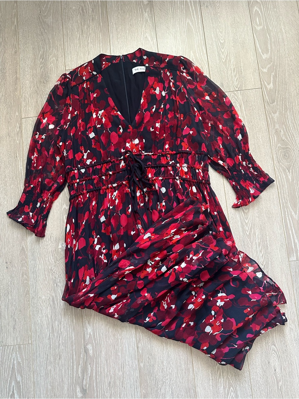 The Fold London Silk Maxi Dress V-neck Flowy Floral Red Black Sz 12